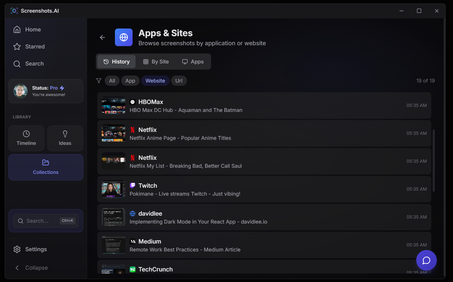 Apps & Sites view showing automatic URL and app organization