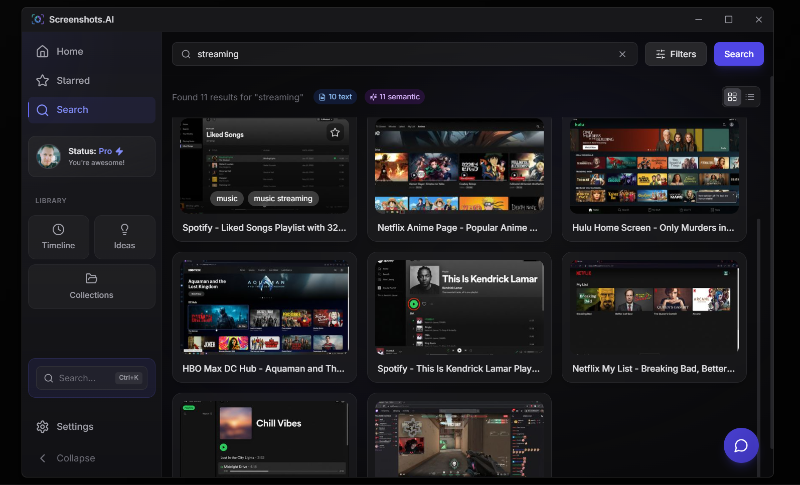 AI-powered semantic search showing results for streaming content