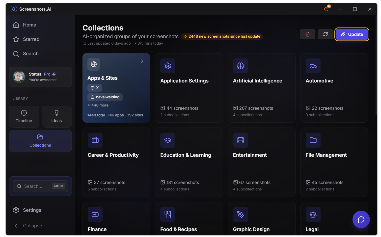 Smart Collections showing auto-generated categories like Shopping, Work, Travel, and Recipes