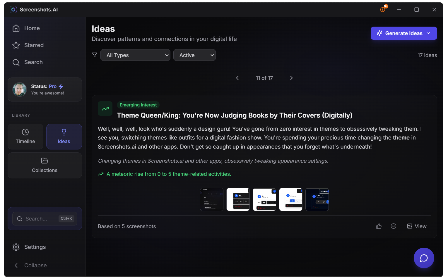 AI Ideas panel showing daily insights and discovered connections between screenshots