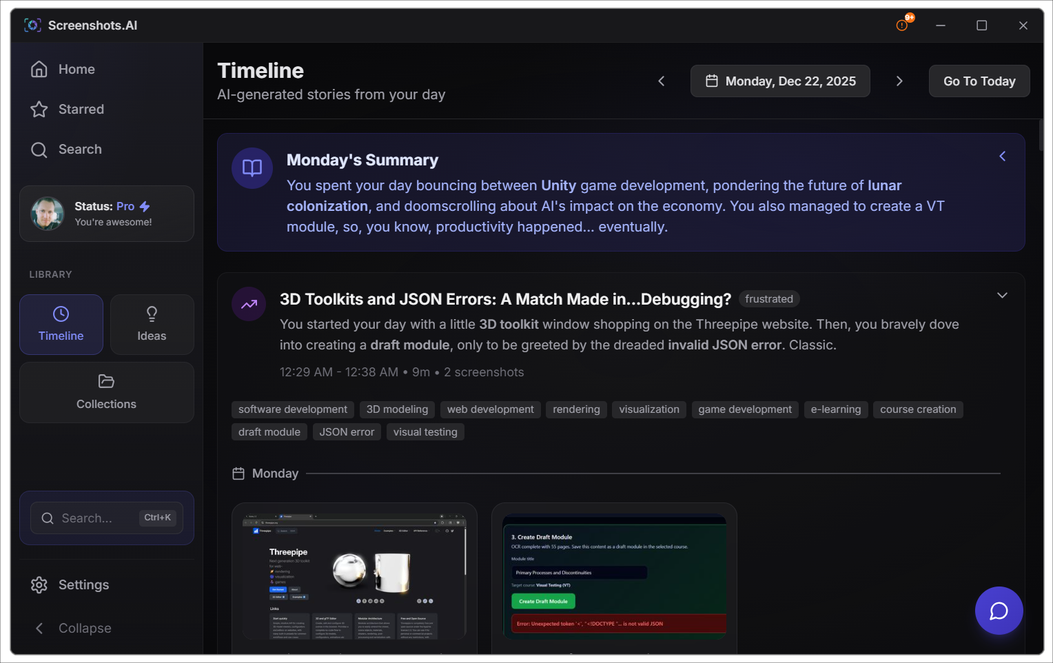 Activity Timeline showing sessions with AI-generated titles like Morning Research and Afternoon Coding